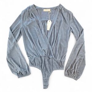 By Together Gray Silver Shimmer Slinky Wrap Bodysuit Long Sleeve Sheer Size L